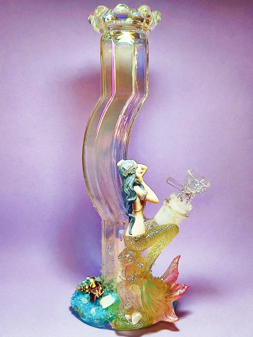 12" Mermaid Curved Iridescent Glass Bong