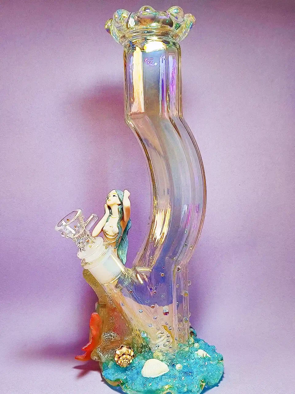 12" Mermaid Curved Iridescent Glass Bong