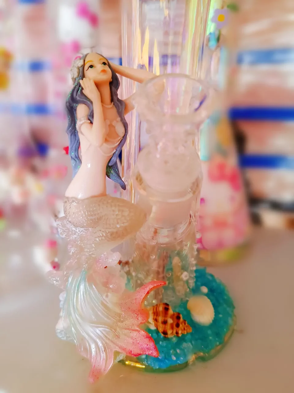 12" Mermaid Curved Iridescent Glass Bong