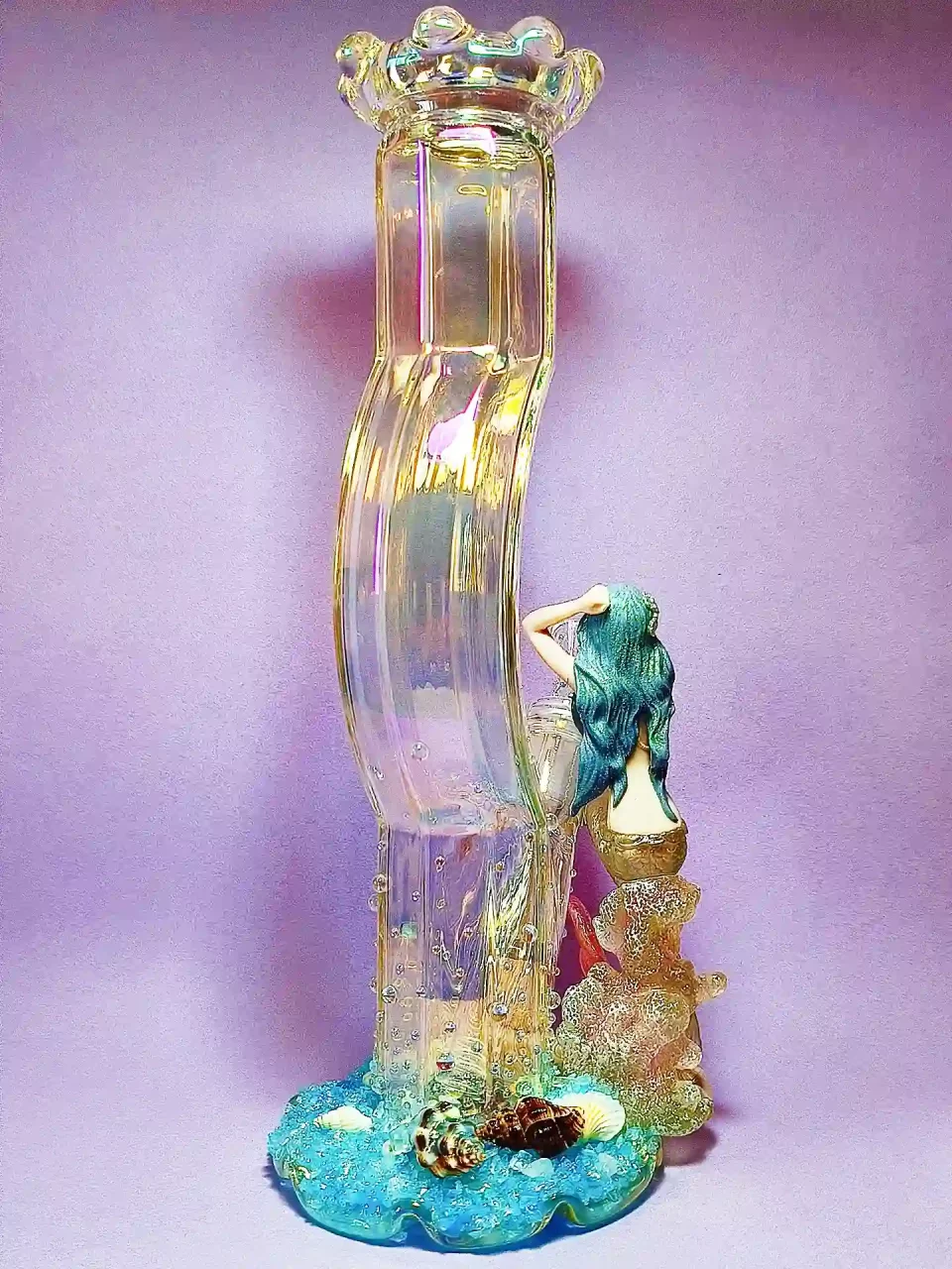 12" Mermaid Curved Iridescent Glass Bong
