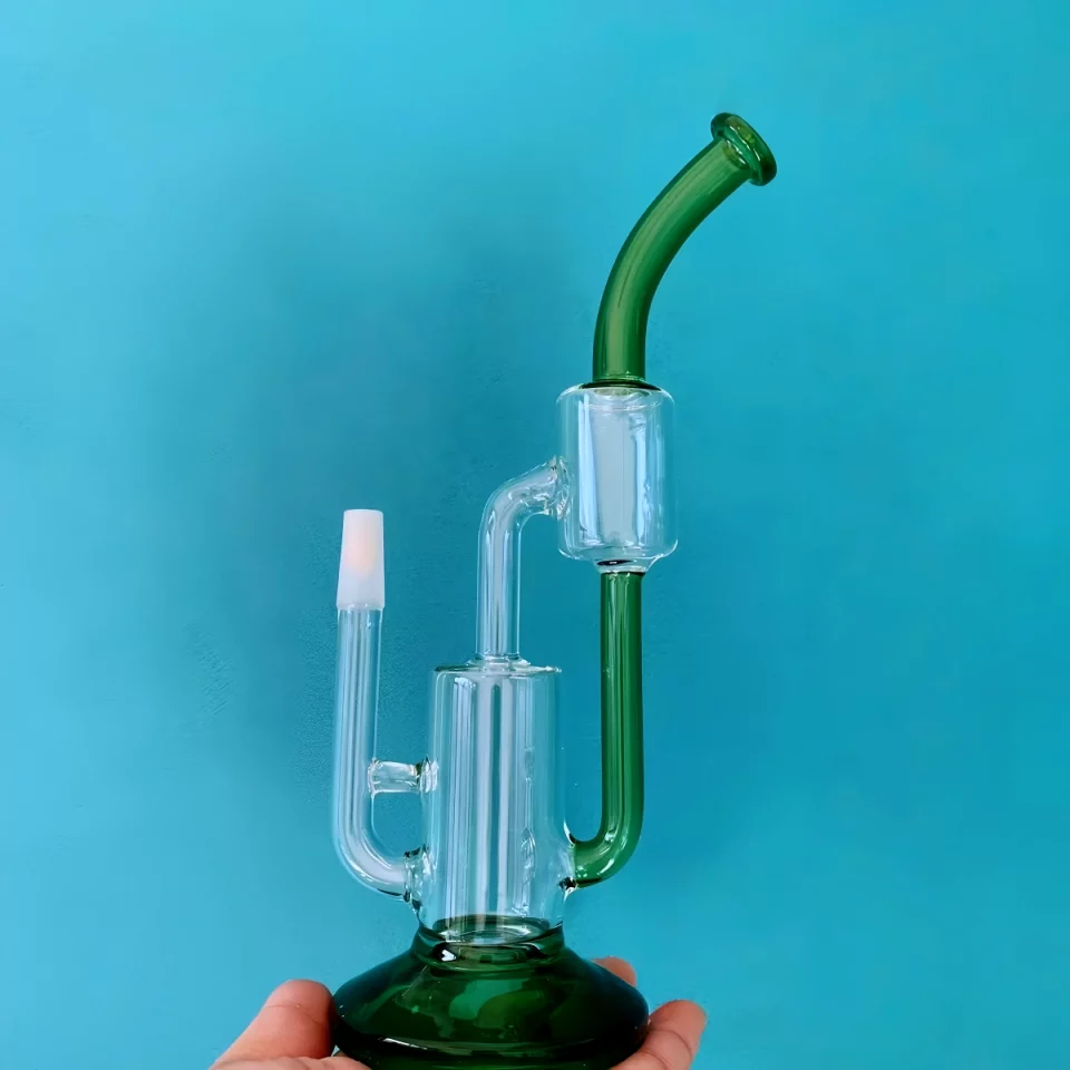 11" Modern Dual-Chamber Recycler Glass Bong with Green Accents
