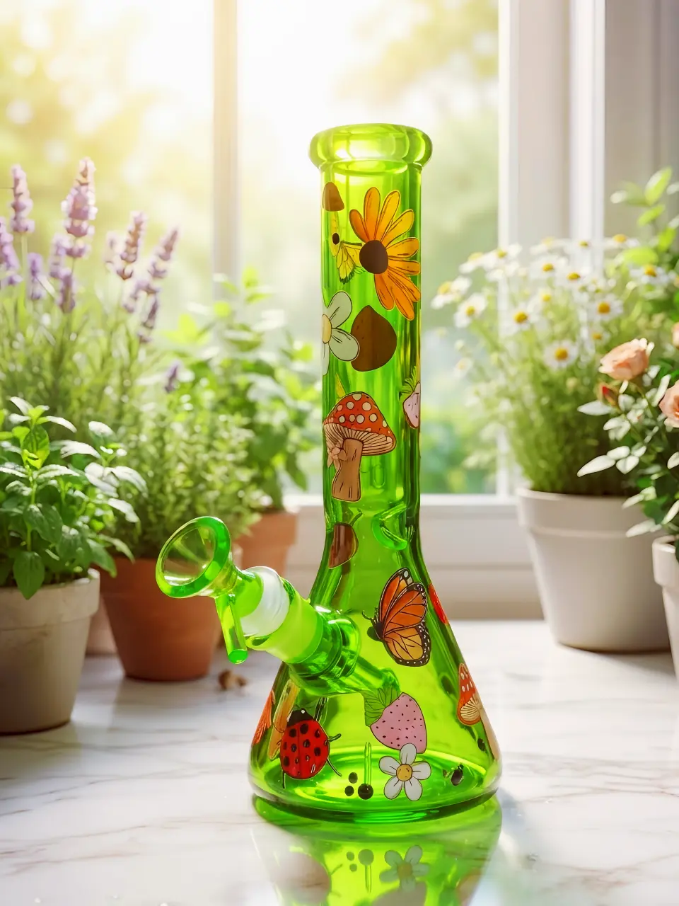 10" Forest Mushroom & Nature Green Beaker Glass Bong - Image 6