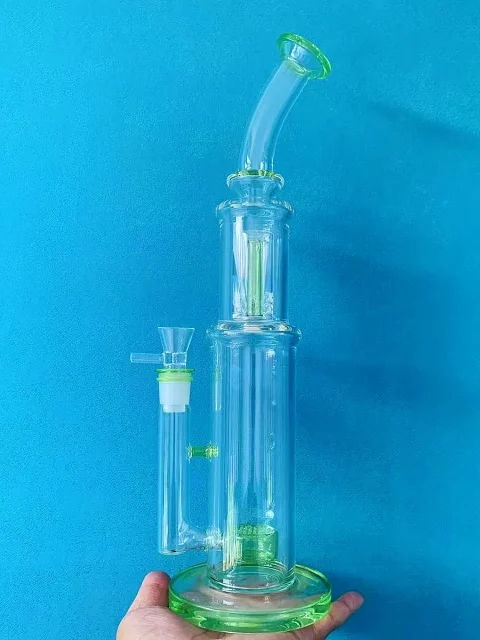 15" Neon Green Double Perc Stemless Glass Bong