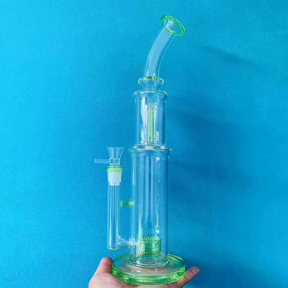 15" Neon Green Double Perc Stemless Glass Bong