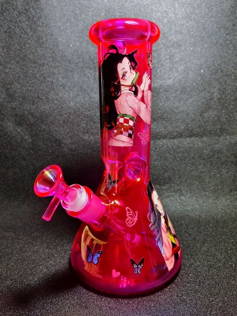 10" Nezuko Demon Slayer Pink Kimono Butterfly Heart Iridescent Hot Pink Beaker Glass Bong