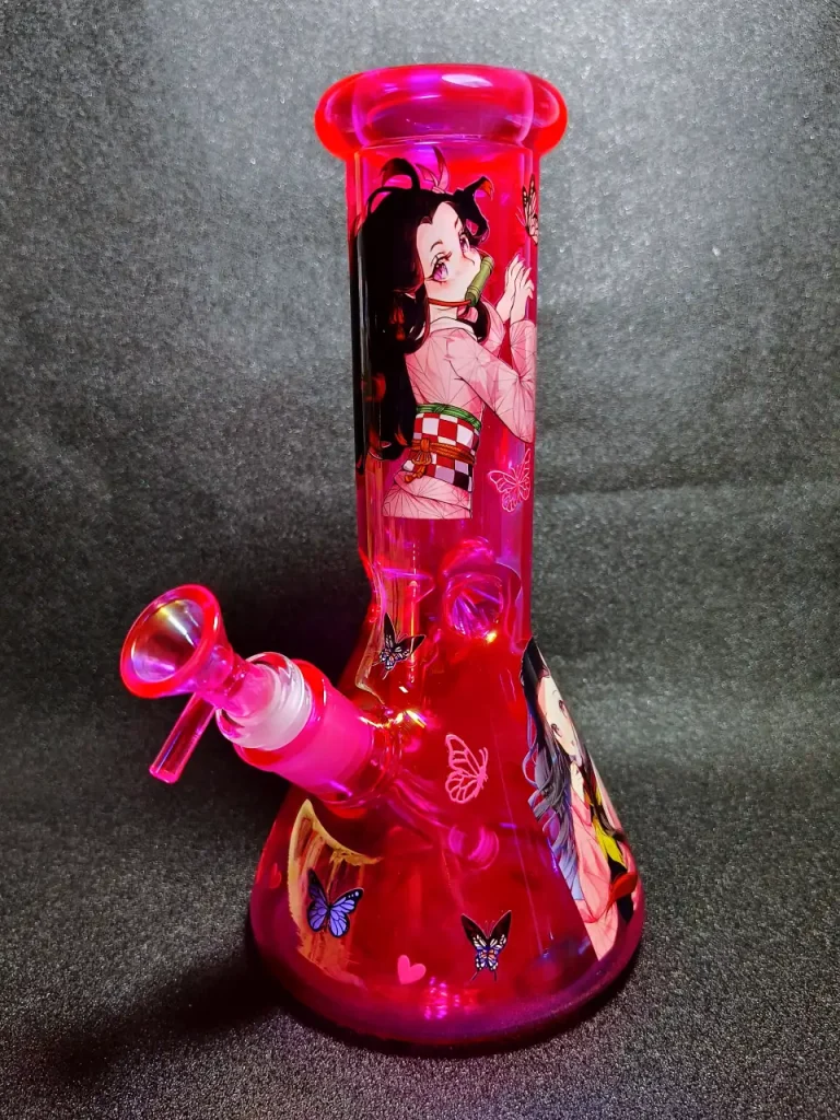 10" Nezuko Demon Slayer Pink Kimono Butterfly Heart Iridescent Hot Pink Beaker Glass Bong