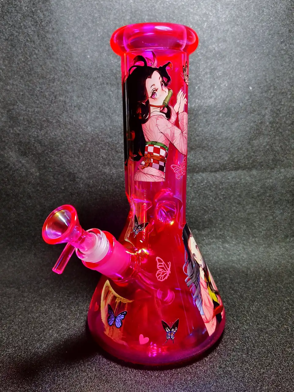 10" Nezuko Demon Slayer Pink Kimono Butterfly Heart Iridescent Hot Pink Beaker Glass Bong