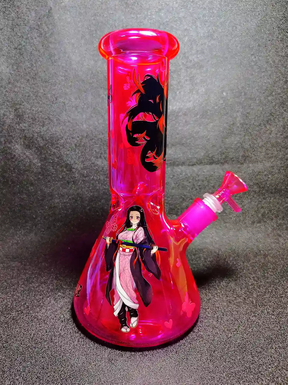 10" Nezuko Demon Slayer Pink Kimono Butterfly Heart Iridescent Hot Pink Beaker Glass Bong