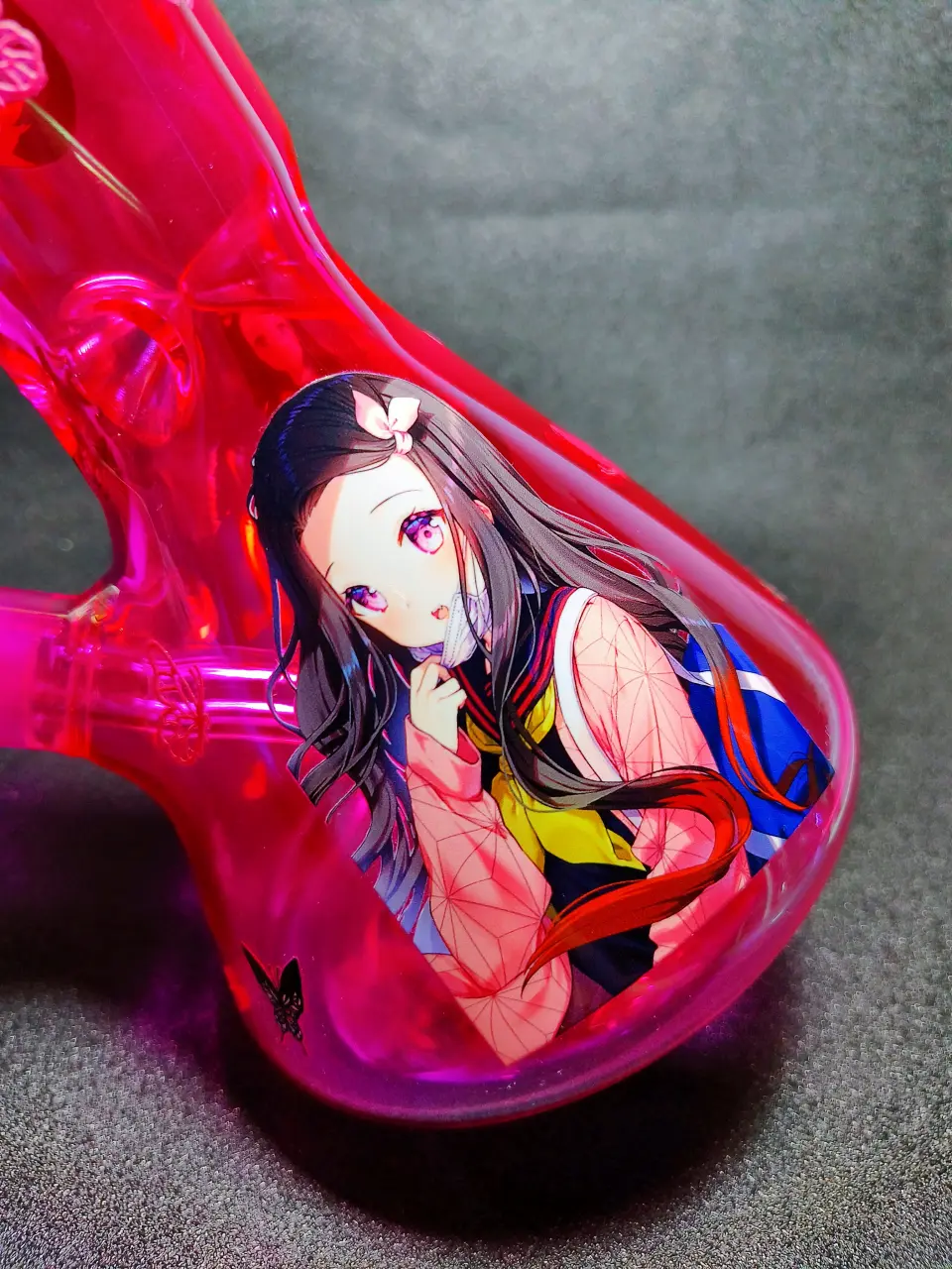 10" Nezuko Demon Slayer Pink Kimono Butterfly Heart Iridescent Hot Pink Beaker Glass Bong