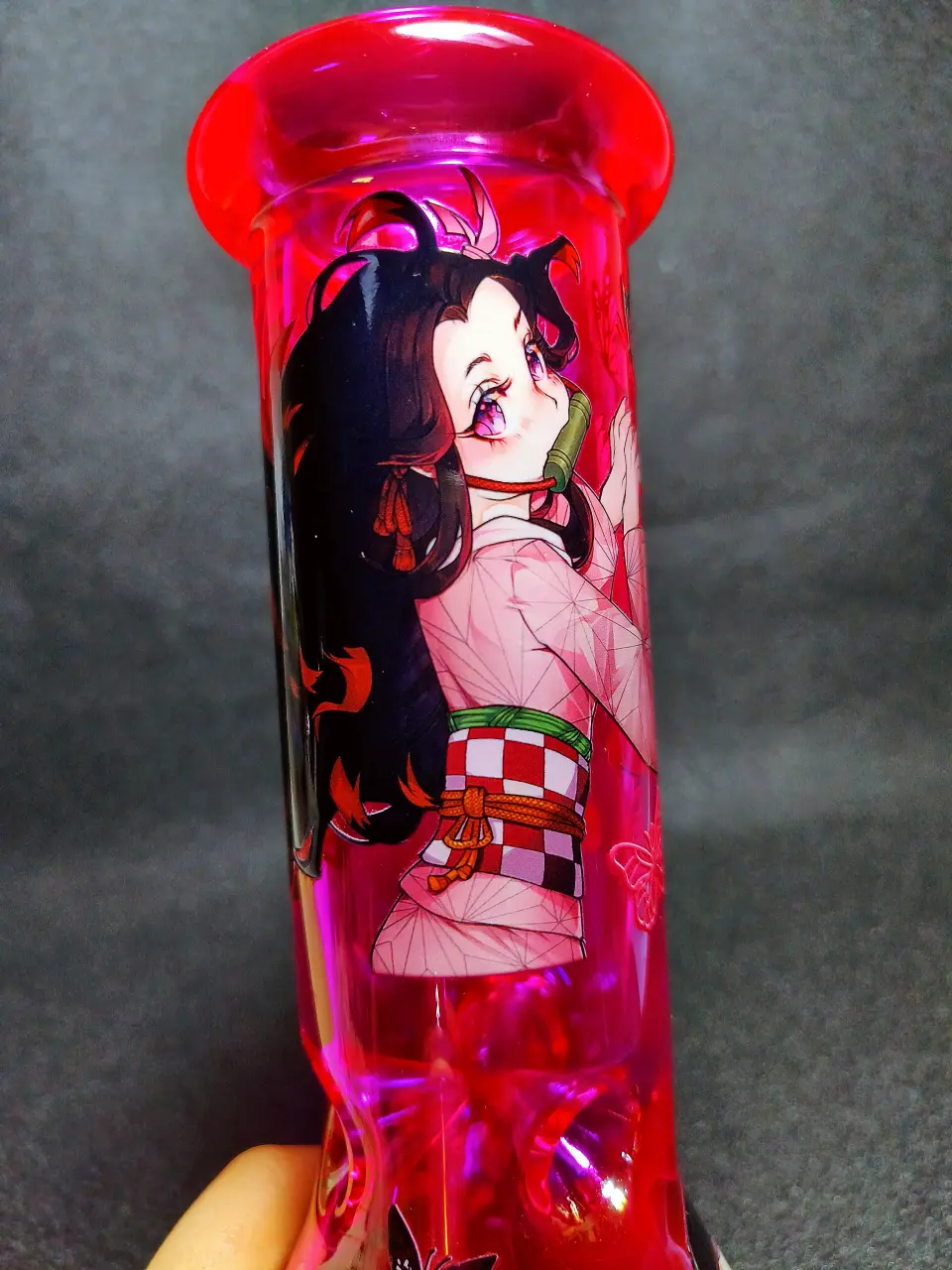 10" Nezuko Demon Slayer Pink Kimono Butterfly Heart Iridescent Hot Pink Beaker Glass Bong