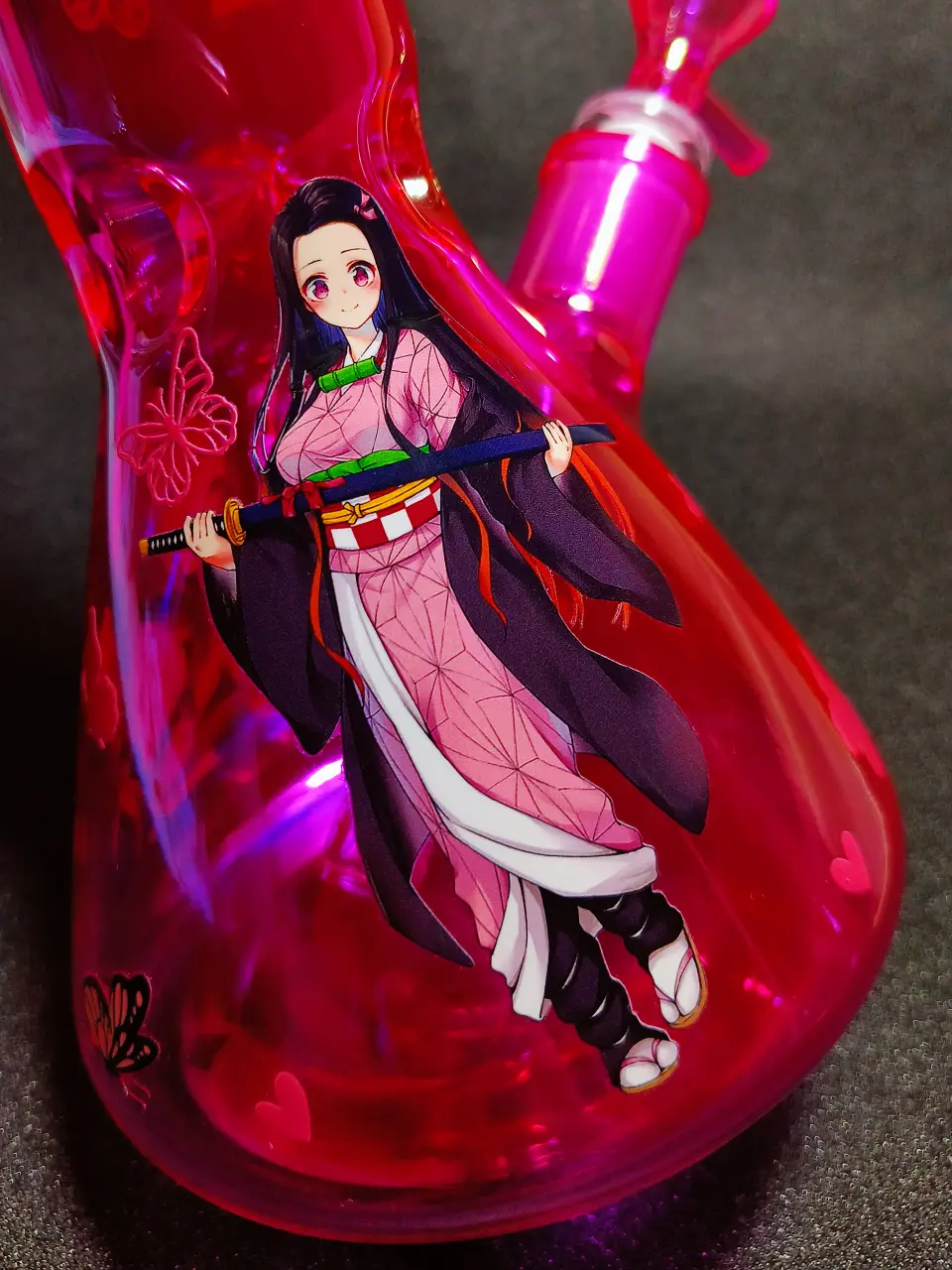 10" Nezuko Demon Slayer Pink Kimono Butterfly Heart Iridescent Hot Pink Beaker Glass Bong