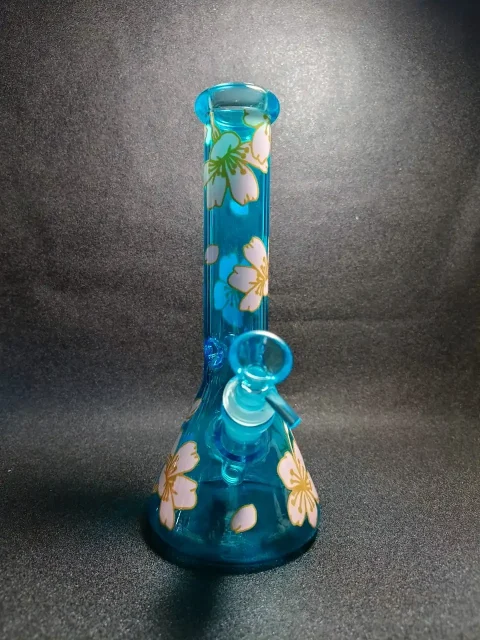 10" Peach Blossom Bloom Blue Beaker Glass Bong