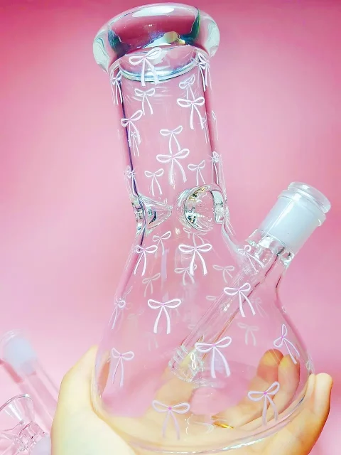 8″ 5mm Pink Bow Girly Glass Beaker Bong 8" 5mm Pink Bow Girly Glass Beaker Bong