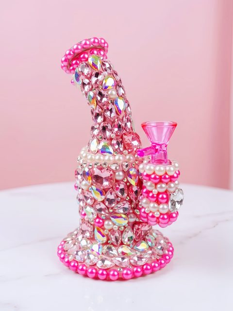 7″ Pink Crystal Diamond Pearl Handmade Glass Bong