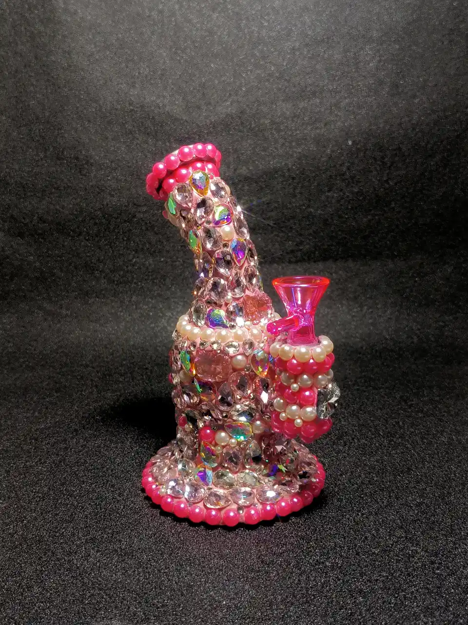 7" Pink Crystal Diamond Pearl Handmade Embellished Artistic Glass Bong