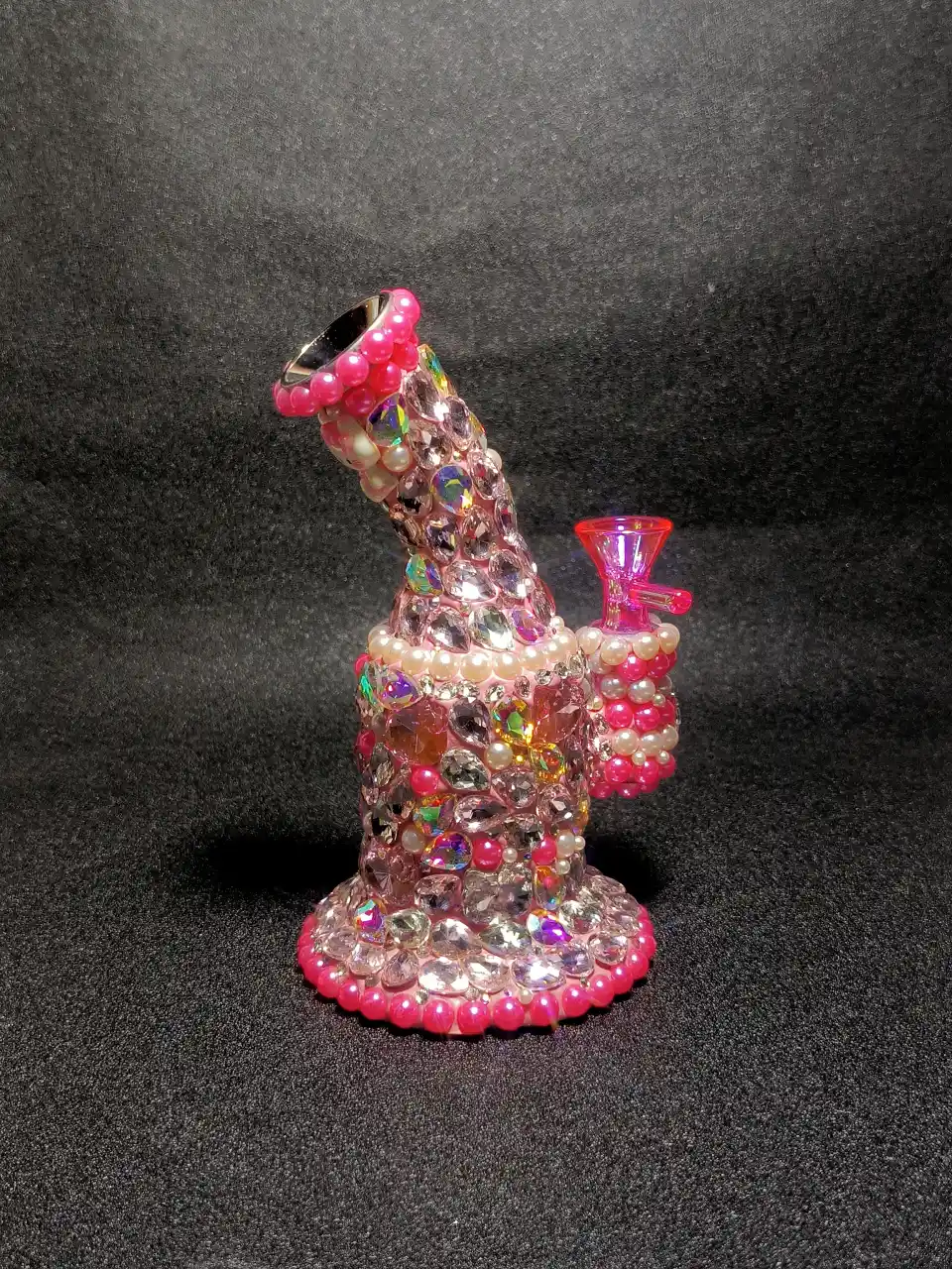 7" Pink Crystal Diamond Pearl Handmade Embellished Artistic Glass Bong