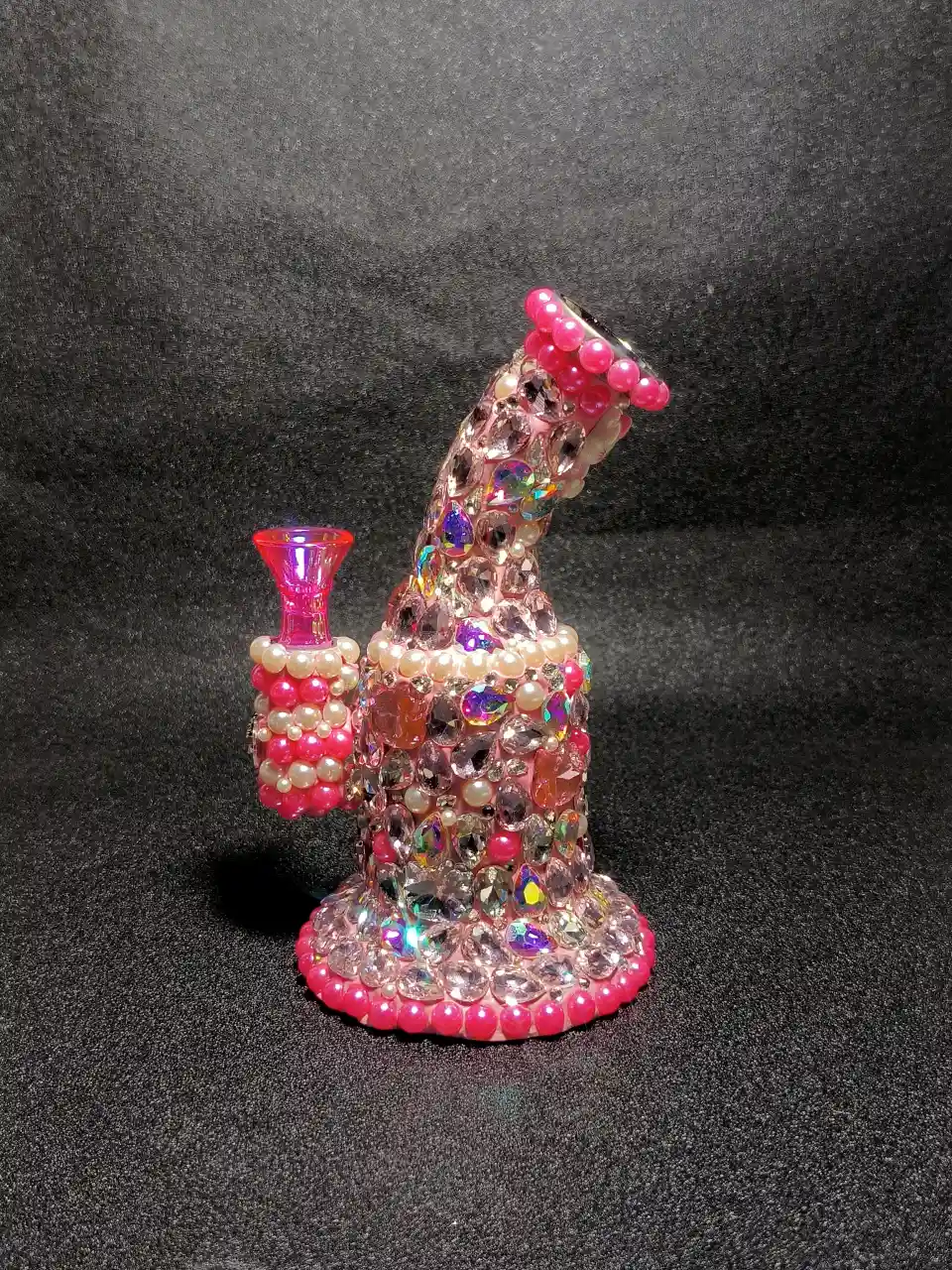 7" Pink Crystal Diamond Pearl Handmade Embellished Artistic Glass Bong
