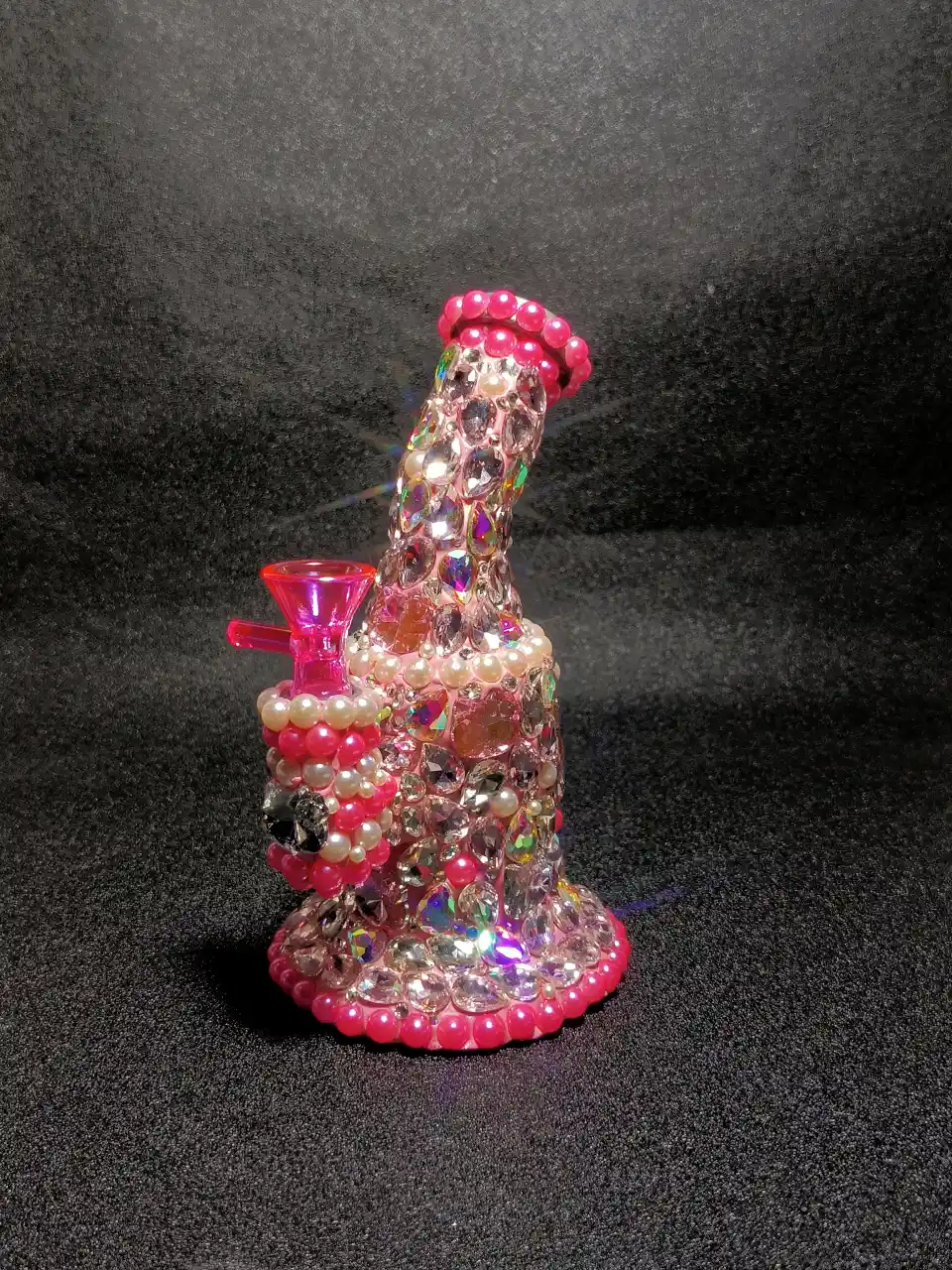 7" Pink Crystal Diamond Pearl Handmade Embellished Artistic Glass Bong