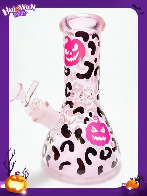 8″ 5mm Pink Halloween Glass Bong | Spooky-Cute Pumpkin with Black Leopard Print 8" 5mm Pink Halloween Glass Bong | Spooky-Cute Pumpkin with Black Leopard Print