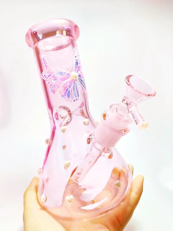 8" Pink Iridescent Butterfly Beaker Bong with Pearls