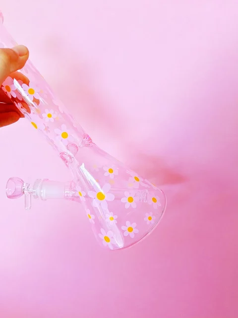10" Glass Beaker Bong | Cute Pink Retro Daisy
