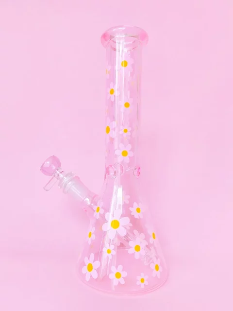 10" Glass Beaker Bong | Cute Pink Retro Daisy