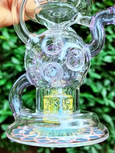 8" Purple Glass Recycler Bong with Yellow Flower Perc