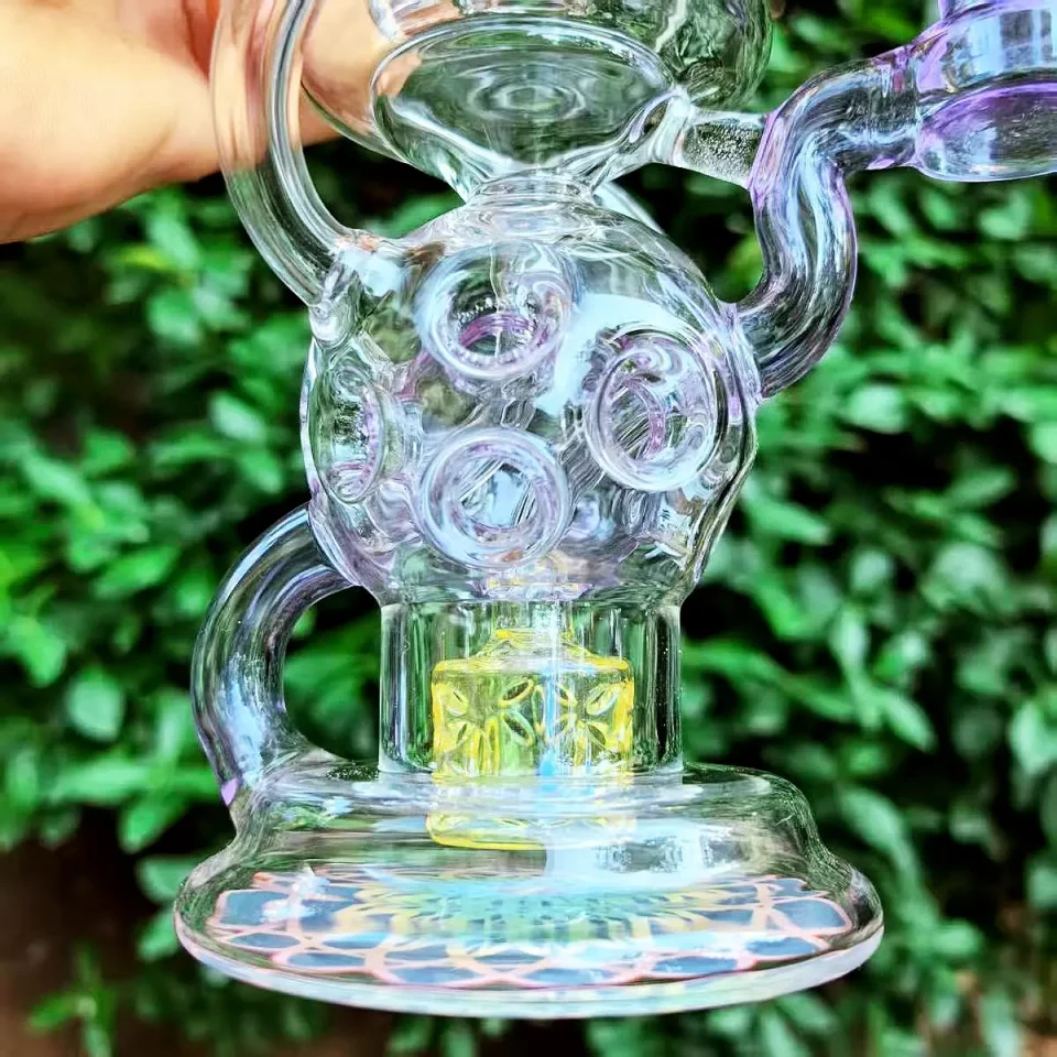 8" Purple Glass Recycler Bong with Yellow Flower Perc