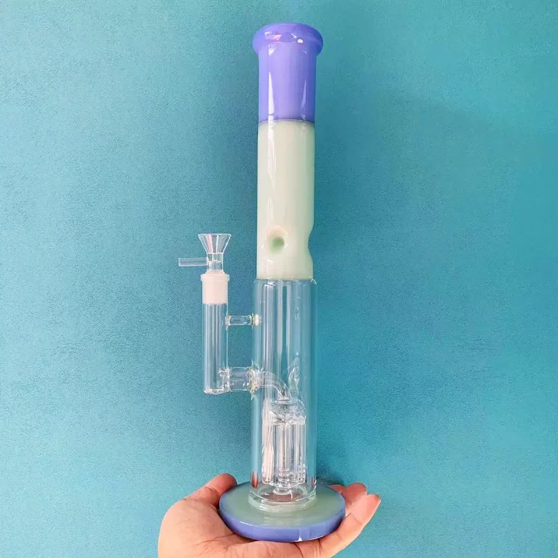 14" Purple & Jade Color Block Straight Tube Bong with Tree Perc - Image 3