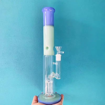 14" Purple & Jade Color Block Straight Tube Bong with Tree Perc