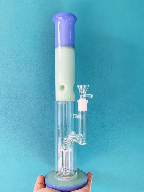14" Purple & Jade Color Block Straight Tube Bong with Tree Perc