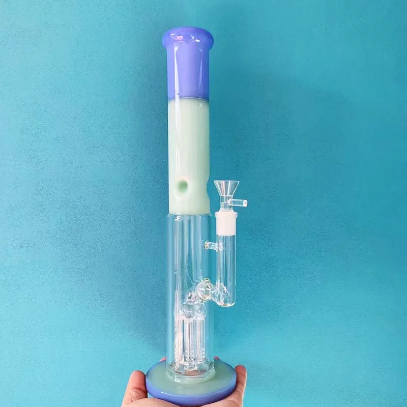 14" Purple & Jade Color Block Straight Tube Bong with Tree Perc
