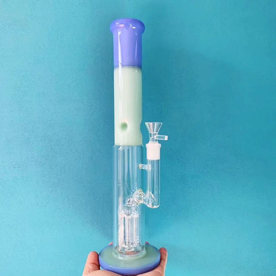 14" Purple & Jade Color Block Straight Tube Bong with Tree Perc