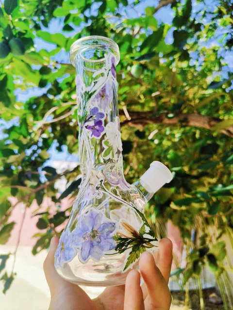 8" Real Purple Flower Glass Bong with Green Leaf Accents