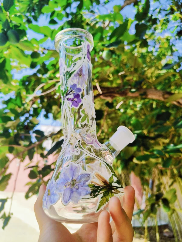 8" Real Purple Flower Glass Bong with Green Leaf Accents