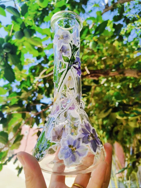 8" Real Purple Flower Glass Bong with Green Leaf Accents