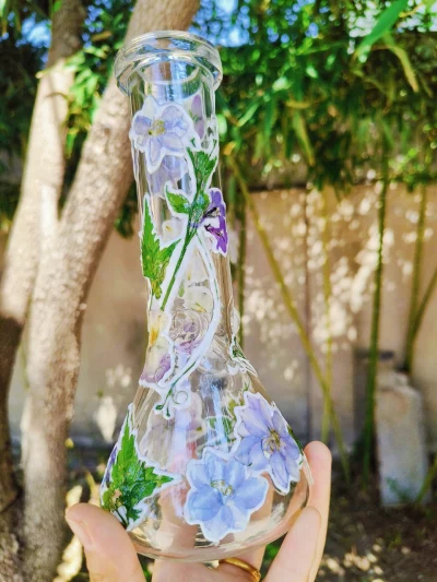 8" Real Purple Flower Glass Bong with Green Leaf Accents