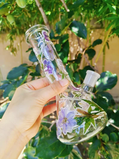 8" Real Purple Flower Glass Bong with Green Leaf Accents