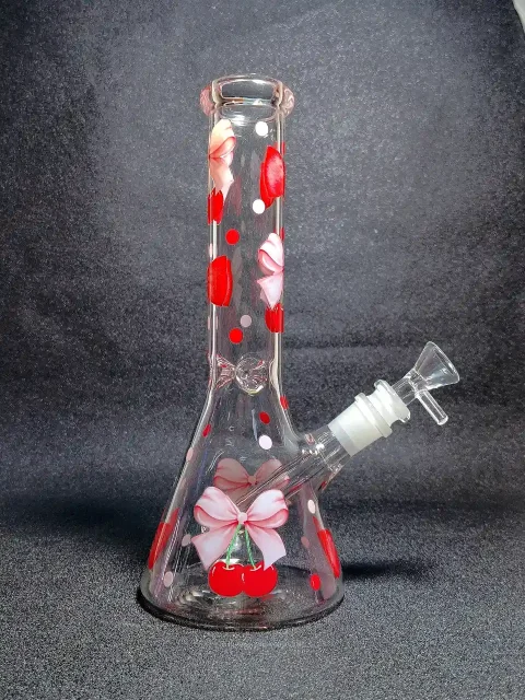 Red Cherry & Ribbon Coquette Beaker Glass Bong Red Cherry & Ribbon Coquette Beaker Glass Bong