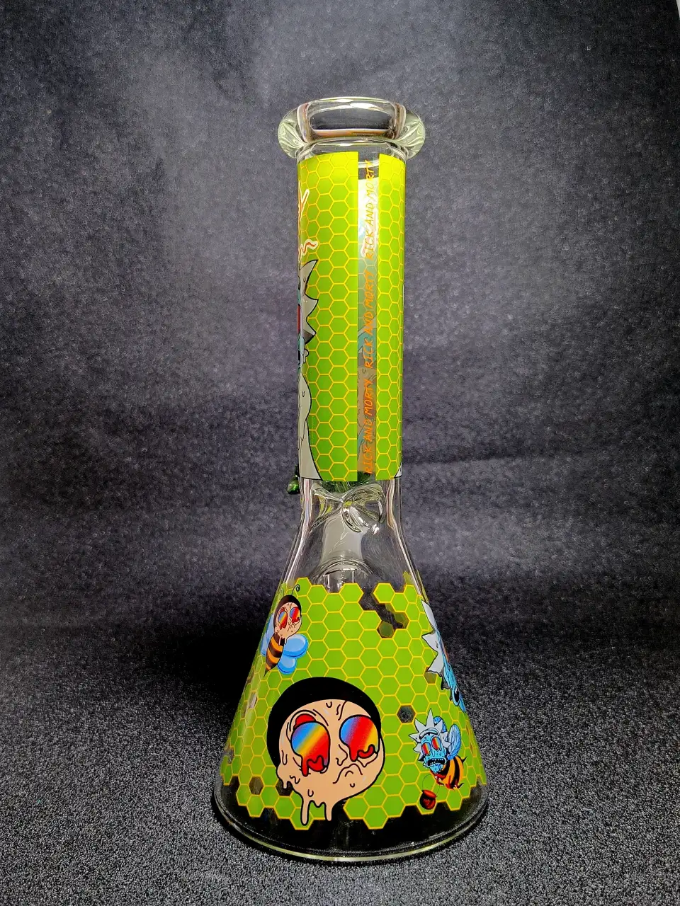 Rick and Morty Honeycomb Meltdown Rainbow Bee Beaker Glass Bong