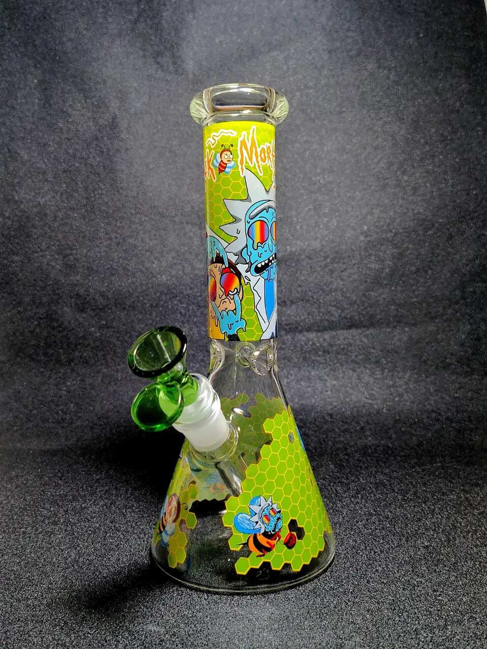 Rick and Morty Honeycomb Meltdown Rainbow Bee Beaker Glass Bong