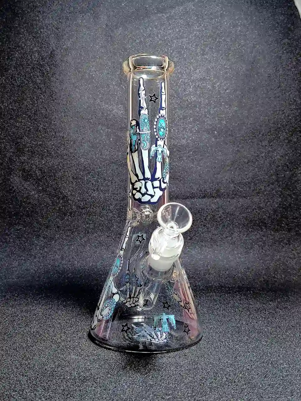 Skeleton Hand Turquoise Boho Goth 10" Beaker Glass Bong