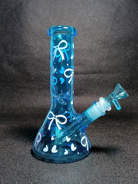 Sky Blue Ribbon Bows & Hearts Coquette Beaker Glass Bong Sky Blue Ribbon Bows & Hearts Coquette Beaker Glass Bong