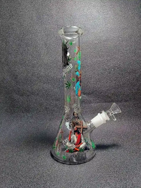 10″ Smoking Jesus Graffiti Green Leaf Beaker Glass Bong 10" Smoking Jesus Graffiti Green Leaf Beaker Glass Bong