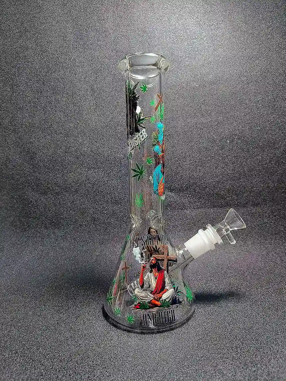 10" Smoking Jesus Graffiti Green Leaf Beaker Glass Bong