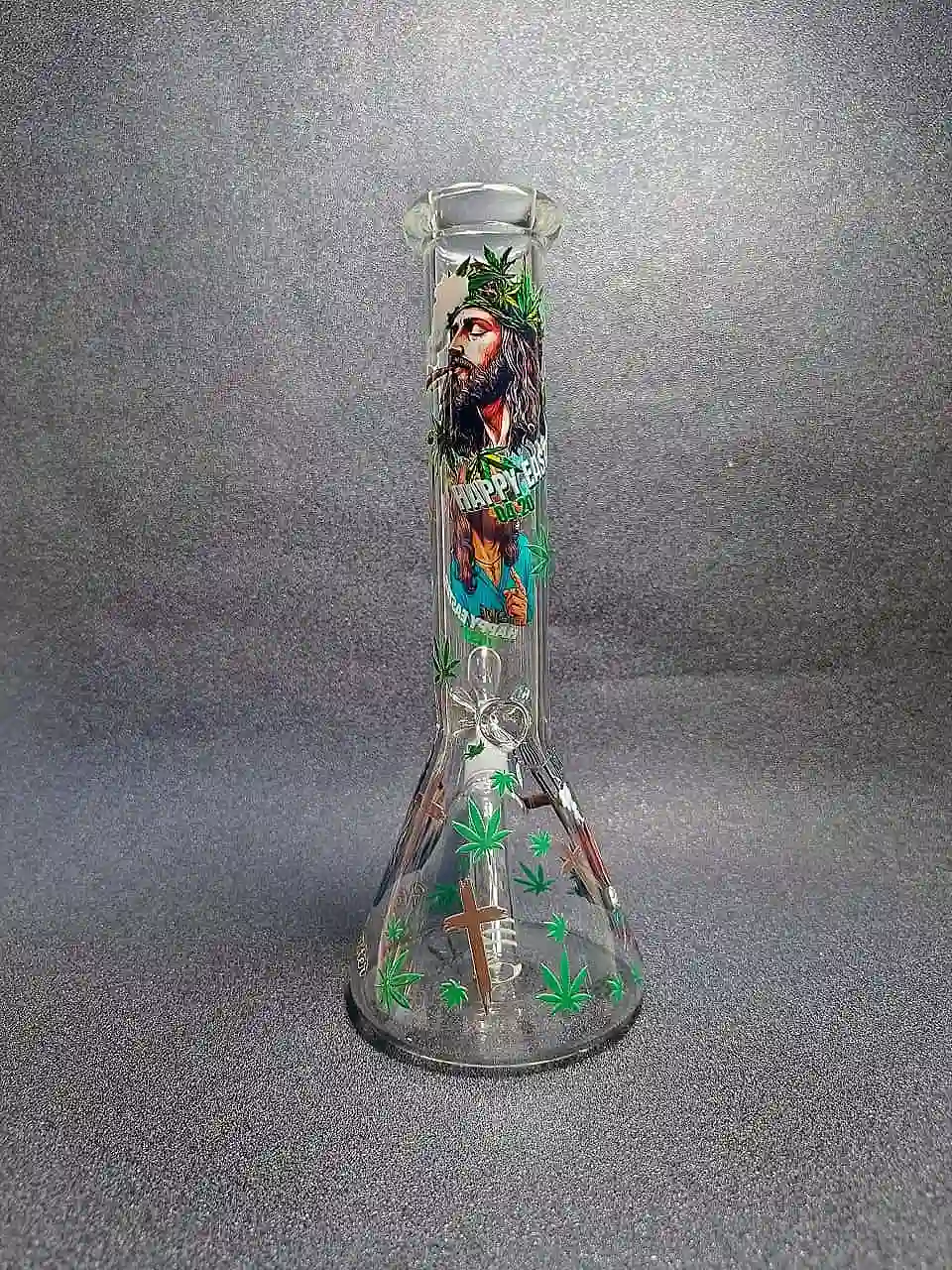 10" Smoking Jesus Graffiti Green Leaf Beaker Glass Bong