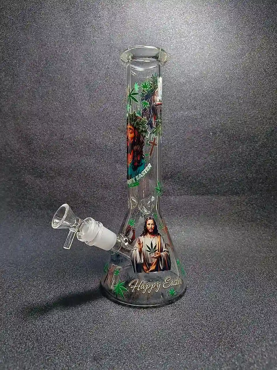 10" Smoking Jesus Graffiti Green Leaf Beaker Glass Bong
