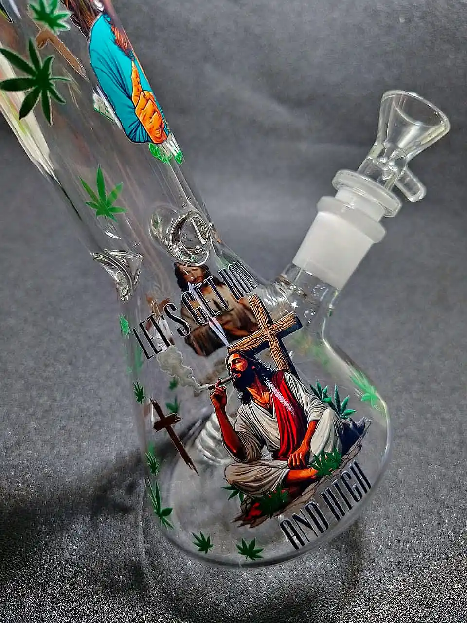 10" Smoking Jesus Graffiti Green Leaf Beaker Glass Bong