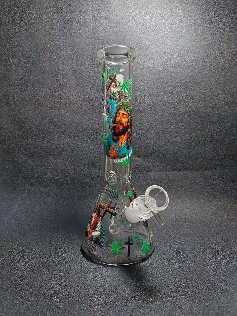 10" Smoking Jesus Graffiti Green Leaf Beaker Glass Bong