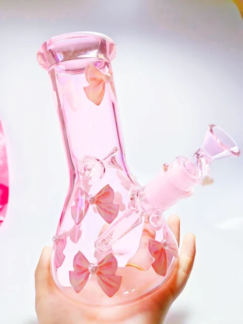 8" Soft Pink Bow and Pearl Beaker Glass Bong
